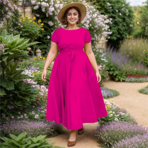 Image of Hostoyo Women Plus Size Formal A Line Maxi Dress Self Tie Waist with Pockets Elegant Round Neck Swing Long Dresses