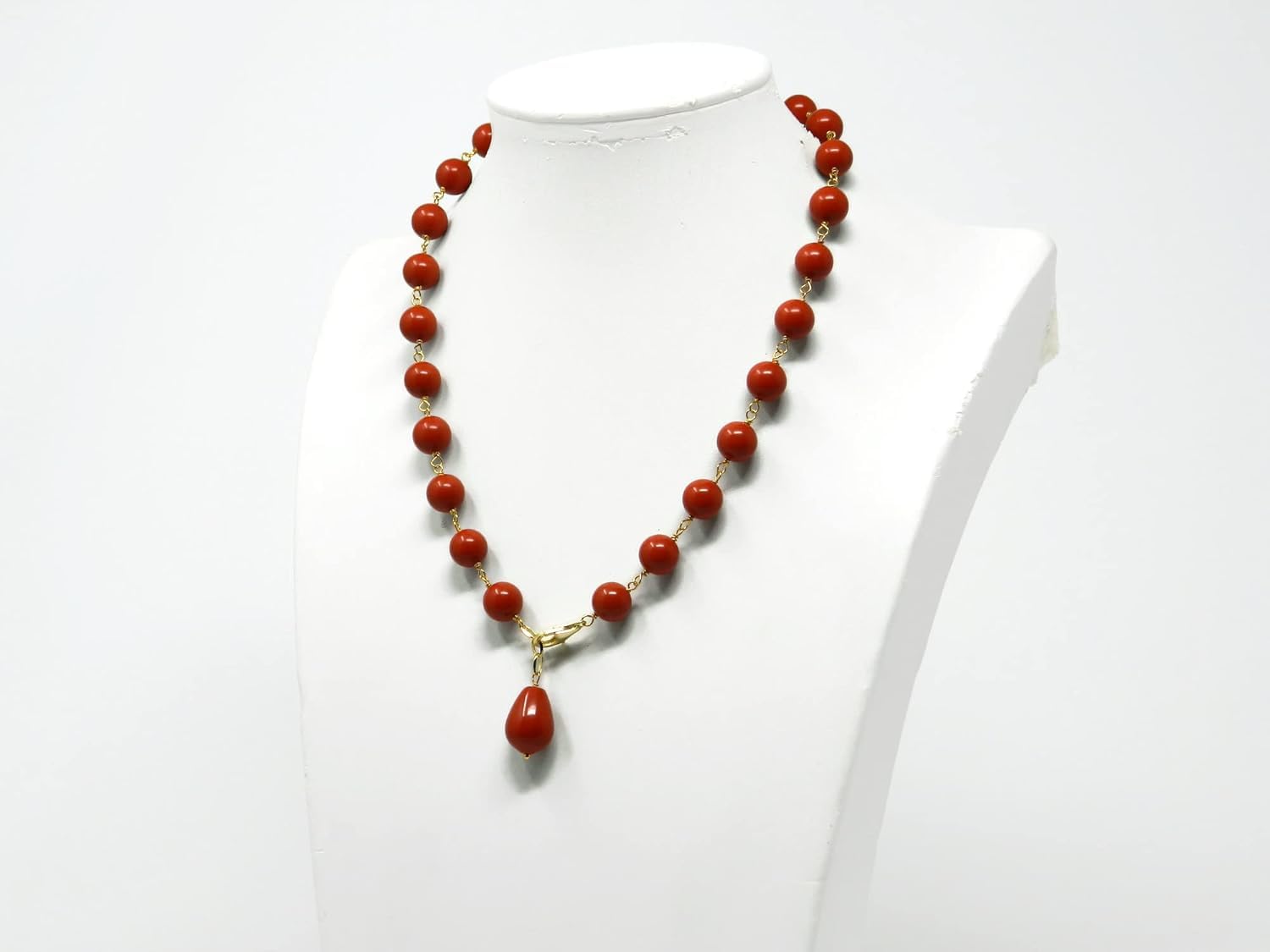 Collana Donna Girocollo con Palline 12 mm e Goccia in Pasta di Corallo Rosso Sardegna – Argento 925 Placcato Oro – Handmade in Italia – Elegante, Anallergica – DodiGioielli
