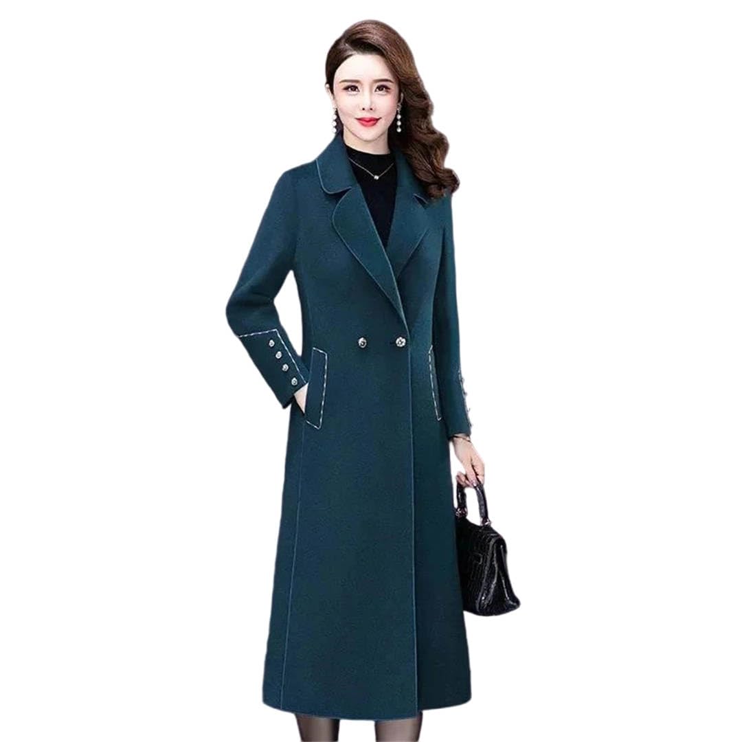 Womens Woolen Coat Double Breasted Waist Tight Long Woolen Cardigan Mid-Calf Length Cardigan