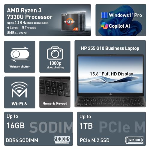 Image of HP 255 G10 Business Laptop, AMD Quad-core CPU, 16GB RAM, 512GB SSD, W11 Pro | 15.6 inch Full HD Display, Webcam w / shutter, Numeric Keypad, Microsoft Copilot, HDMI, Wi-Fi 6, Dark Ash Silver