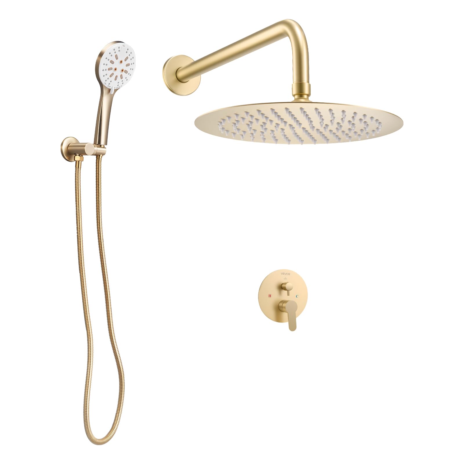 VEVOR Sistema Doccia a Pioggia per Bagno con Soffione Tondo 254 mm e Doccetta, Set di Rubinetti da Doccia a Parete, con Valvola in Ottone e Kit di Finitura, Rubinetto Doccia, Oro Spazzolato