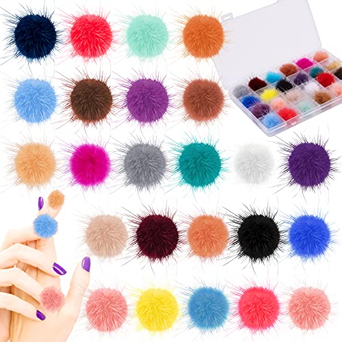FEQO 24 Pieces Nail Pom Fluffy Ball 3D Detachable Nail Pom Charm Faux Fur Ball with Removable Base Pom for Nail Art Design Nail Tip Decoration (Bright Color)