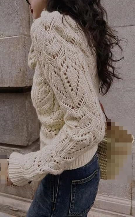 Women's Vintage Knit Sweater Hollow Out Puff Sleeve Short Pullover for Spring Summer Street wear Fashion2