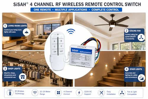Image of SiSAH ABS Plastic 220V 2 and 2 CH 2 Receiver and 1 Transmitter Wireless Remote Control Switch