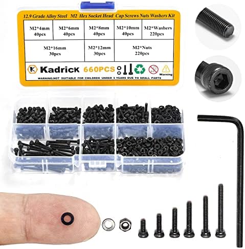 660 Pcs M2 Screw Assortment,M2*4mm/6mm/8mm/10mm/12mm/16mm,12.9 Grade Alloy Steel, Metric Hex Socket Head Cap Screws Nuts Washers Kit, Black Zinc Plated Anti Rust Upgrade