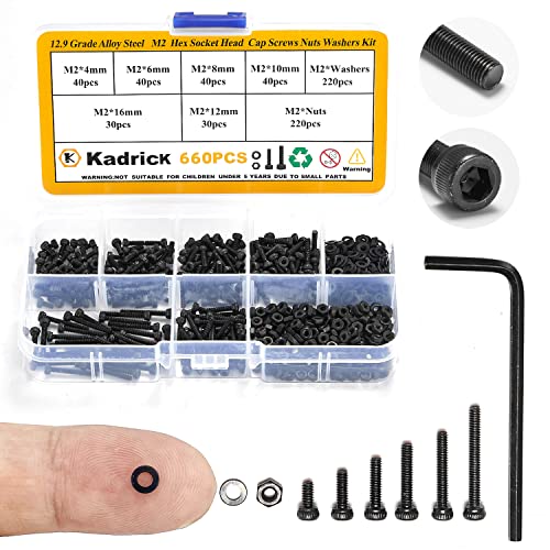 660 Pcs M2 Screw Assortment,M2*4Mm/6Mm/8Mm/10Mm/12Mm/16Mm,12.9 Grade Alloy Steel, Metric Hex Socket Head Cap Screws Nuts Washers Kit, Black Zinc Plated Anti Rust Upgrade #TOP3
