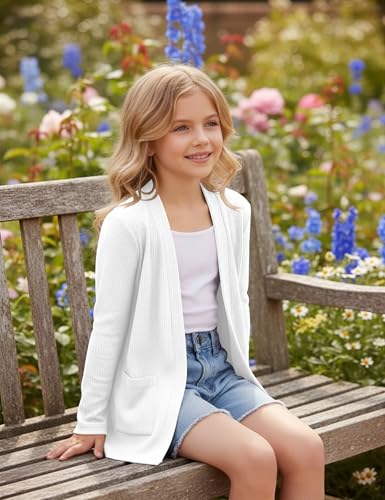 Image of Girls Open Front Cardigan Casual Lightweight Long Sleeve Ribbed Knit Sweater Soft Outerwear Coat with Pockets