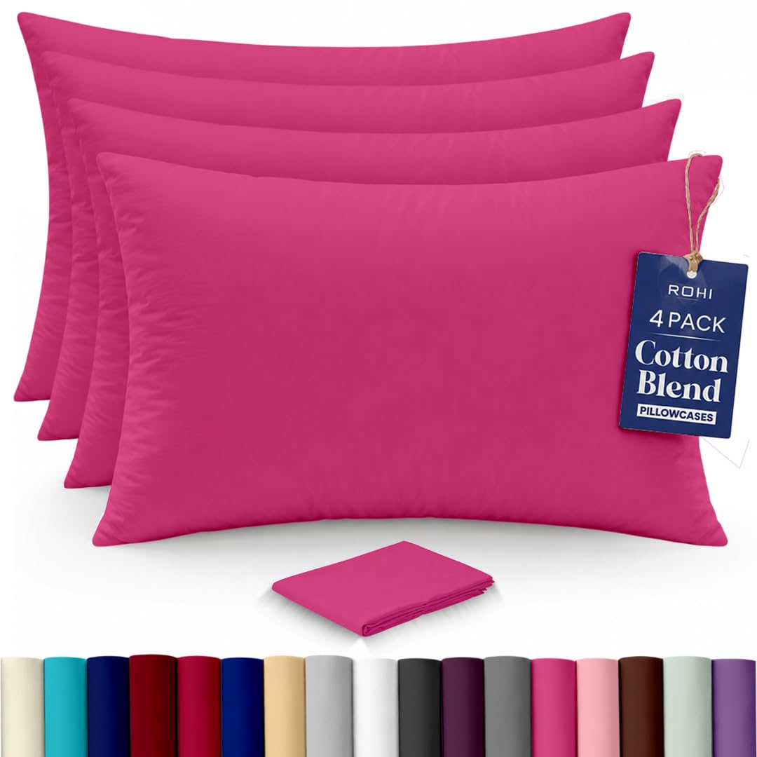 Rohi Luxury Hot Pink Pillow Cases 4 Pack - (50×75cm) | Soft & Comfy Cotton Blend Pillow Covers with Envelope Closure | Breathable, Anti-Allergy, Fade & Wrinkle Resistant