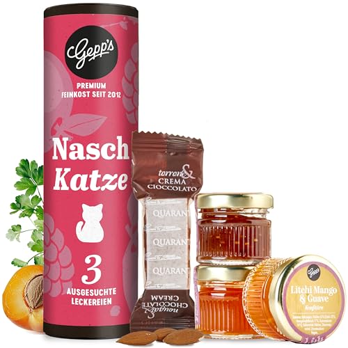 Gepp’s Feinkost Geschenkset “Naschkatze” I 3 Mini-Marmeladengläser als Probierset in den Geschmacksrichtungen Litschi-Guave-Mango, Aprikose-Yuzu & Feige I Gourmet Geschenkset