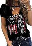 LLHXRUI American Flag Hollow Out Shirt Women USA Stars Stripes Lace Up Graphic Tees 4th July Patriotic Short Sleeve Shirt (Medium, Black-3)