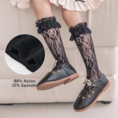 LOLANTA Girls Lace Knee High Socks 2 Pack Sheer Patterned Hollow Cute Ruffle School Stockings 5-9Years3
