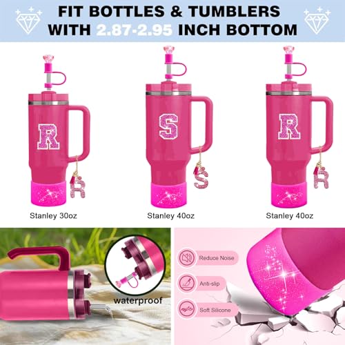 Hpebl 6PCS Hot Pink for Stanley Cup Accessories Set 30/40 OZ Bling Rhinestone Initials Charms for Stanley Decorations Tumbler Accessories Including Diamond Straw Topper, Spill Stopper（Letter T） - image 4