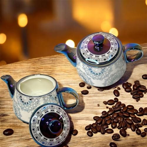 Image of DMRD Porcelain Tea Set with Kettle |Tea Cup Set 7Pc | Aesthetic and Classic Cups Set | Premium Crockery for Home & Gifting with Golden Color Geometric Pattern Design. (Purple)