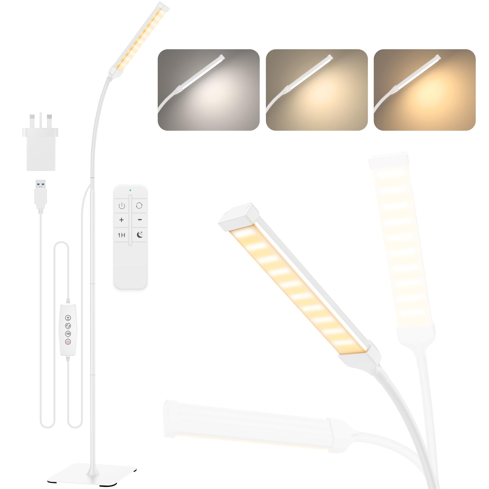 iFalarila Floor Lamp with Remote Control, 120 LED 10 W, 3 Colours & 10 Brightnesses, Flexible Gooseneck for Living Room/Bedroom/Office