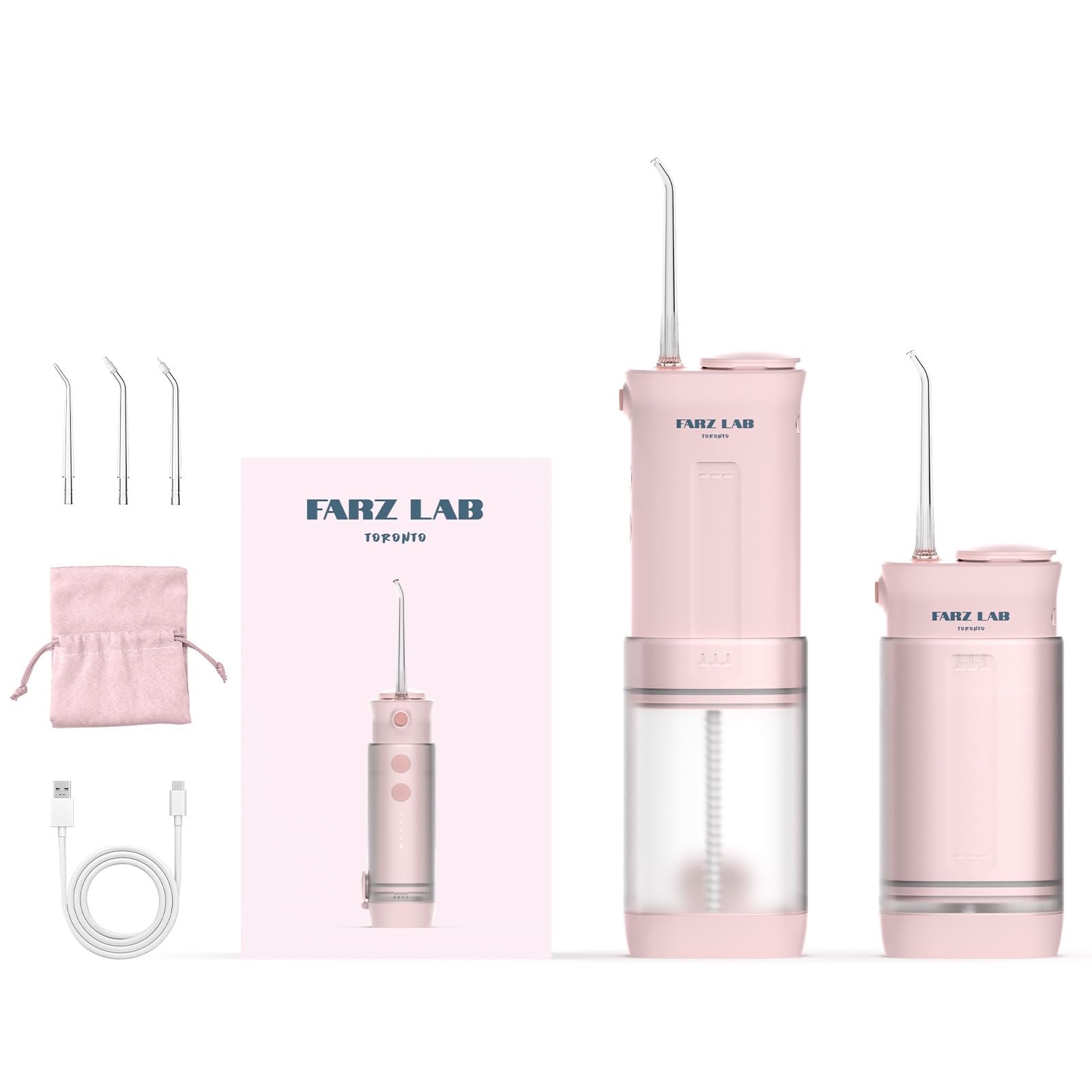 Farz Lab Portable Water Flosser - IPX7 Waterproof, Cordless, 90-Day Battery, Pink, Plaque Removal, Gum Health, Telescopic Design, Ideal for Braces & Travel, Water Flosser for Teeth