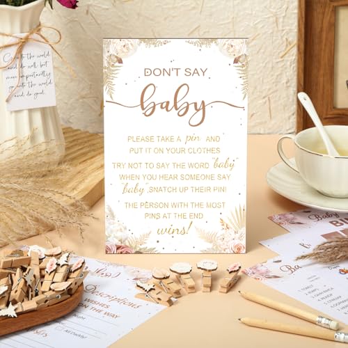 Image of Patelai 321 Boho Pampas Grass Baby Shower Decorations Games Supplies Boho Baby in Bloom Gender Reveal Don't Say Sign for Bohemian Pampas Grass Themed Gender Reveal Birthday Party Decorations Supplies