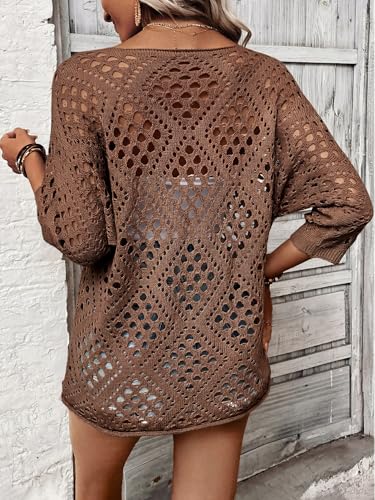 Image of Verdusa Women's Crochet Beach Summer Sweater 3 /4 Length Sleeve Boho Off The Shoulder Tops