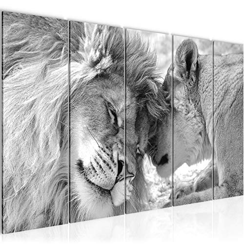 Bilder Löwen Liebe Wandbild 200 x 80 cm - 5 Teilig Vlies - Leinwand Bild XXL Format Wandbilder Wohnzimmer Wohnung Deko Kunstdrucke Grau - MADE IN GERMANY - Fertig zum Aufhängen 002155c