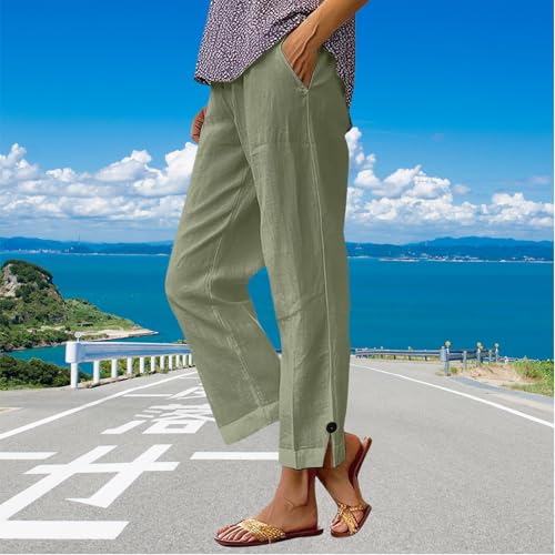 Linen Capri Pants for Women, High Waist Straight Leg Lightweight Fit, Summer Linen Clothes for Seniors Beach Travel2