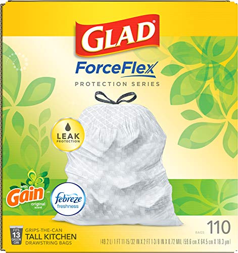 Glad ForceFlex Tall Kitchen Drawstring Trash Bags 13 Gallon White Trash Bag, Gain Original Scent with Febreze Freshness 110 Count (Package May Vary)