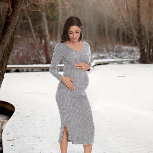 Long Sleeve Maternity Sweater Dress for Fall Winter Baby Shower & Photoshoot - Women's Pregnancy Maternity Dresses - Image 6