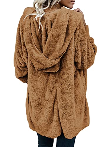 Image of Dokotoo Womens 2025 Winter Long Sleeve Solid Fuzzy Fleece Open Front Hooded Cardigans Jacket Coats Outerwear with Pocket