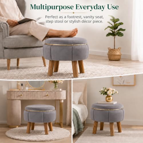 Image of Velvet Upholstered Round Ottoman Footstool | Anti-Slip Feet | Multipurpose Footrest, Step Stool & Vanity Seating & Decor | 40 x 30 cm (16 x 12 Inch) | Grey