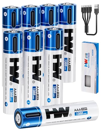 HW AAA Rechargeable Lithium Battery [1.5V 8-Pack] 1300mWh 3A Batteries with USB-C Cable 1600Cycles Triple A Batteries for Remote Controls Wireless Mouse LED Flashlights Electronic Toys etc.