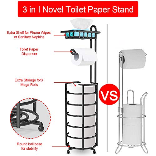 Auledio Toilet Paper Holder Stand Bathroom Tissue Dispenser Organizer Free Standing with Top Shelf Storage Mega Rolls/Phone Holder,Black