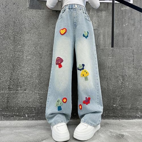 Girls Cute Mushroom Graphic Wide Leg Jeans Loose Elastic Waist Comfy Summer Kids Casual Denim Pants for 5-15 Years2