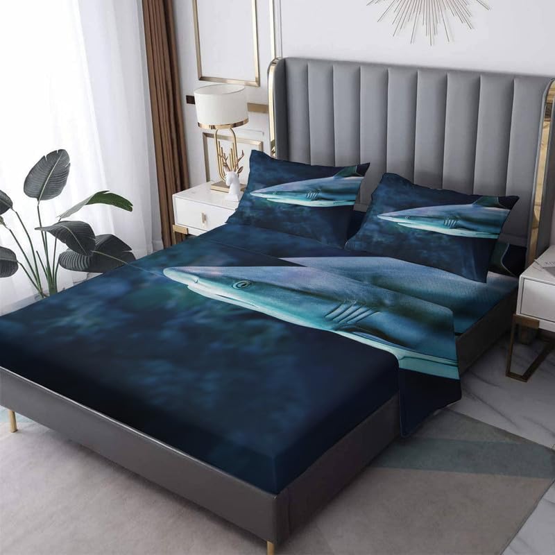 Juego de sábanas de tiburón tamaño Queen, gran sábanas de microfibra suave, bolsillo profundo, sábanas y fundas de almohada estampadas sin arrugas,