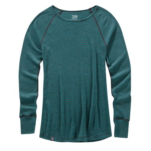Ibex Merino Wool Women's Woolies 220 Long Sleeve, Crew Stripe Baselayer Tops, Black Coffee/Teal Green Stripe, X-Small