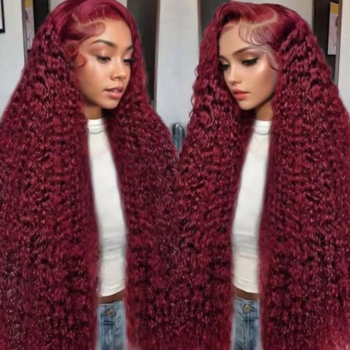 Image of Nsvnsv 30 Inch Burgundy Wig Human Hair 99j Burgundy13x6 Deep Wave Lace Front Wigs Human Hair Pre Plucked 180% Density HD Transparent Lace Frontal Wigs for Black Women Red Colored Wig