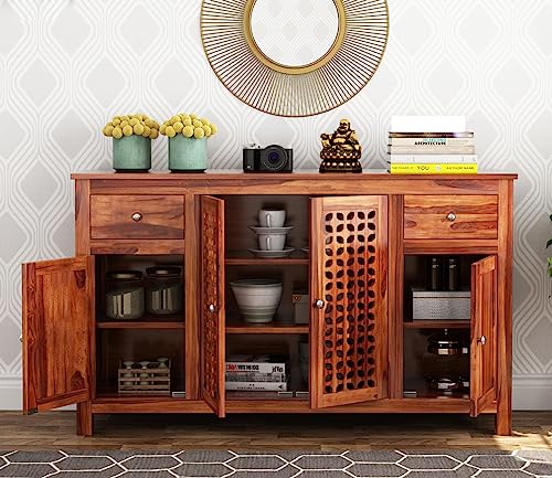 Image of Solid Sheesham Wood Wooden Sideboard Storage Cabinet & Chest of Drawer : Ideal for Living Room and Bedroom with 2 Drawers and 4-Shelf Storage (Mendes, Honey Finish)