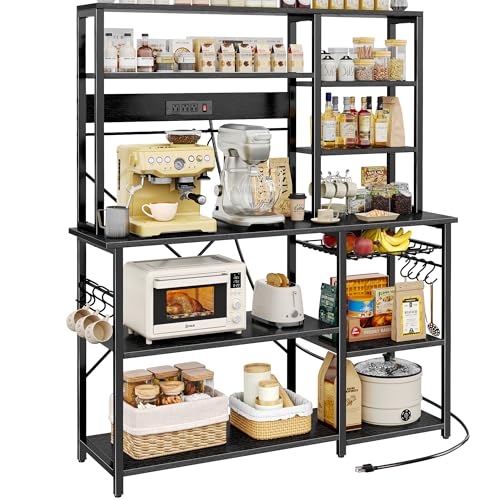 Image of SUPERJARE Larger Bakers Rack with Power Outlets, 6-Tier Microwave Stand, Coffee Bar with 12 S-Shaped Hooks, Kitchen Shelf with Wire Basket, 47.2 x 15.5X 66.9 Inches, Black