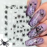 4 Sheets Halloween Nail Stickers for Nail Art Black White Spider Web Nail Decals 3D Self-Adhesive Spider with Red Rhinestones Nail Design Decals Goth Halloween Holiday Nails Supply for Women Manicure