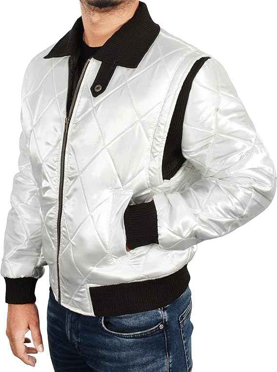 Mens Golden Scorpio Logo Jacket | Ryan Gosling Quilted Satin White Bomber Jacket | Lightweight Jacket For Men
