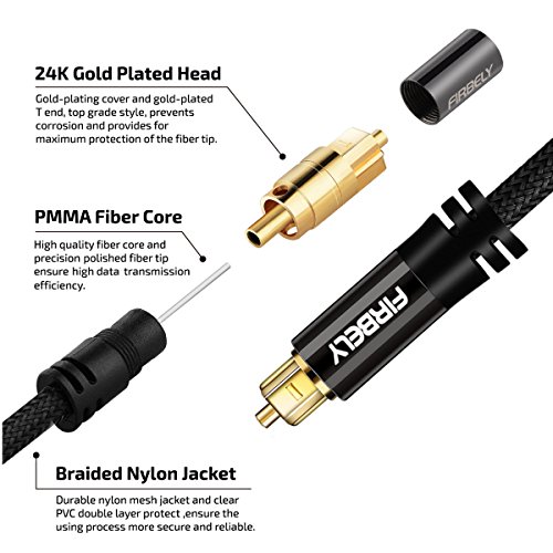 Firbely Digital Toslink Cable Optical Audio Cable-S/Pdif Fiber Optic With Metal Connectors Braided Jacket Black Cable For Sound Bar/Tv Speakers 10 Feet #TOP1