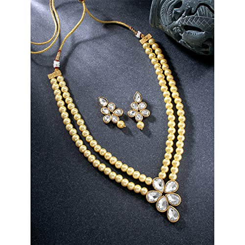 Image of Peora Crystal Faux Pearl Kundan Necklace & Jewellery Set Gift for Women