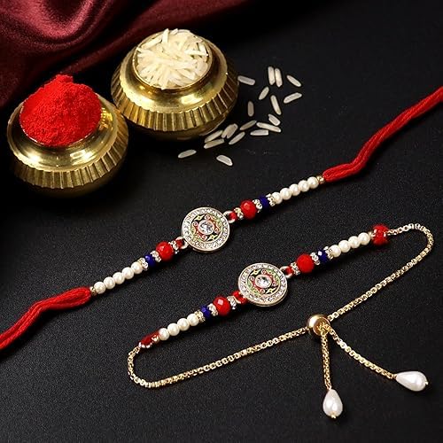 Image of Oblivion Rakhi Set for Brother and Bhabhi - Peacock with Feather Gift for Bhai & Lumba for Bhabhi with Silver Colour Coin and Greeting Card - Raksha Bandhan Combo