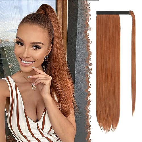FESHFEN Cola de Caballo Extensiones 70 cm Largo Liso Postizos de Pelo Natural Sintética Ponytail Extensiones de Cabello Coleta Postizos para Mujeres, Rojo Cobre