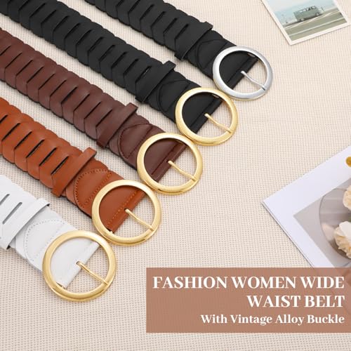 WHIPPY Wide Belts for Women with Fashion Round Gold Buckle Vintage Ladies Braided Wide Waist Belts for Dresses Coats 6