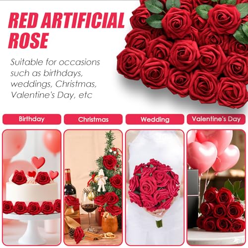 25 Pieces Red Roses Artificial Flowers Bulk Small Silk Fake Roses Flower Heads for Wedding Bridal Shower Flower Wall DIY Crafts Bouquet Decoration Home Decor image 1