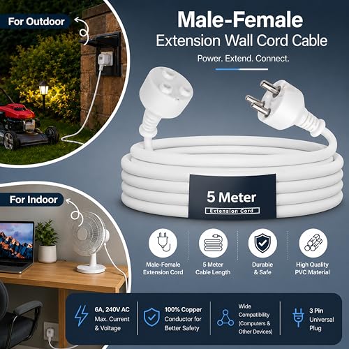 Image of Electronic Spices 3 Pin Heavy Duty Power Extension Cord Cable (5 Meter) | Indoor Outdoor Extension Electrical Extender Cable for Computer, Home, Tools Use & Appliances