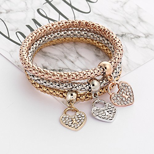 3Pcs/Set Multilayer Stretch Bracelet Butterfly Heart Key Lock Crown Charms Bangles Bracelet Crystal Charms Bracelet Gold/Silver/Rose Gold Corn Chain Multilayer Bracelets For Women Girls - Heart #TOP2