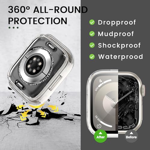 Image of 3 in 1 Goton Waterproof Hard Case for Apple Watch Screen Protector 45mm, 360 Slim Full Protective Tempered Glass Face Cover + Back Hard PC Bumper for iWatch Series 9 /8 /7, 45mm Clear