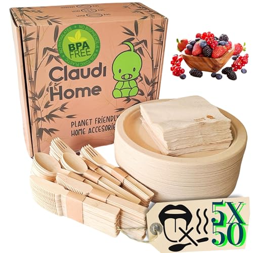 XL Einweg Bambusgeschirr mit 250 Teilen für 50 Personen....