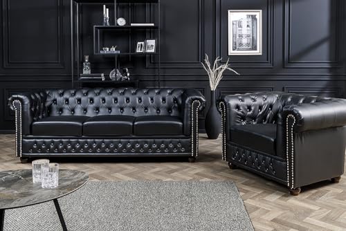 riess-ambiente.de Chesterfield 3-Sitzer Sofa 205cm schwarz Kunstleder Nietenbesatz Federkern