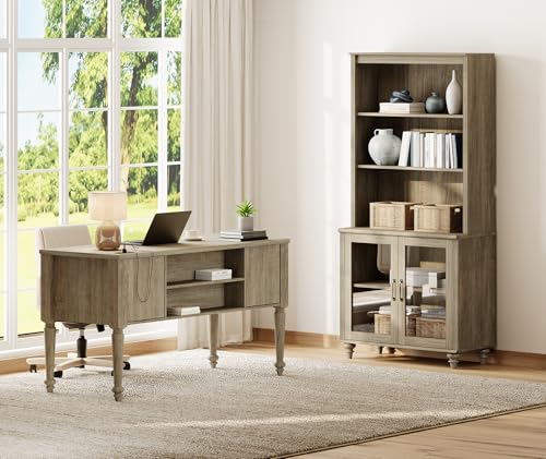 WAMPAT Home Office Furniture Set, 56\'\' Executive Desk with Charging Station, 72\" Tall Bookcase with 2 Glass Doors, Wood Computer Desk with File Cabinet Storage, Open Shelf, Wash Grey