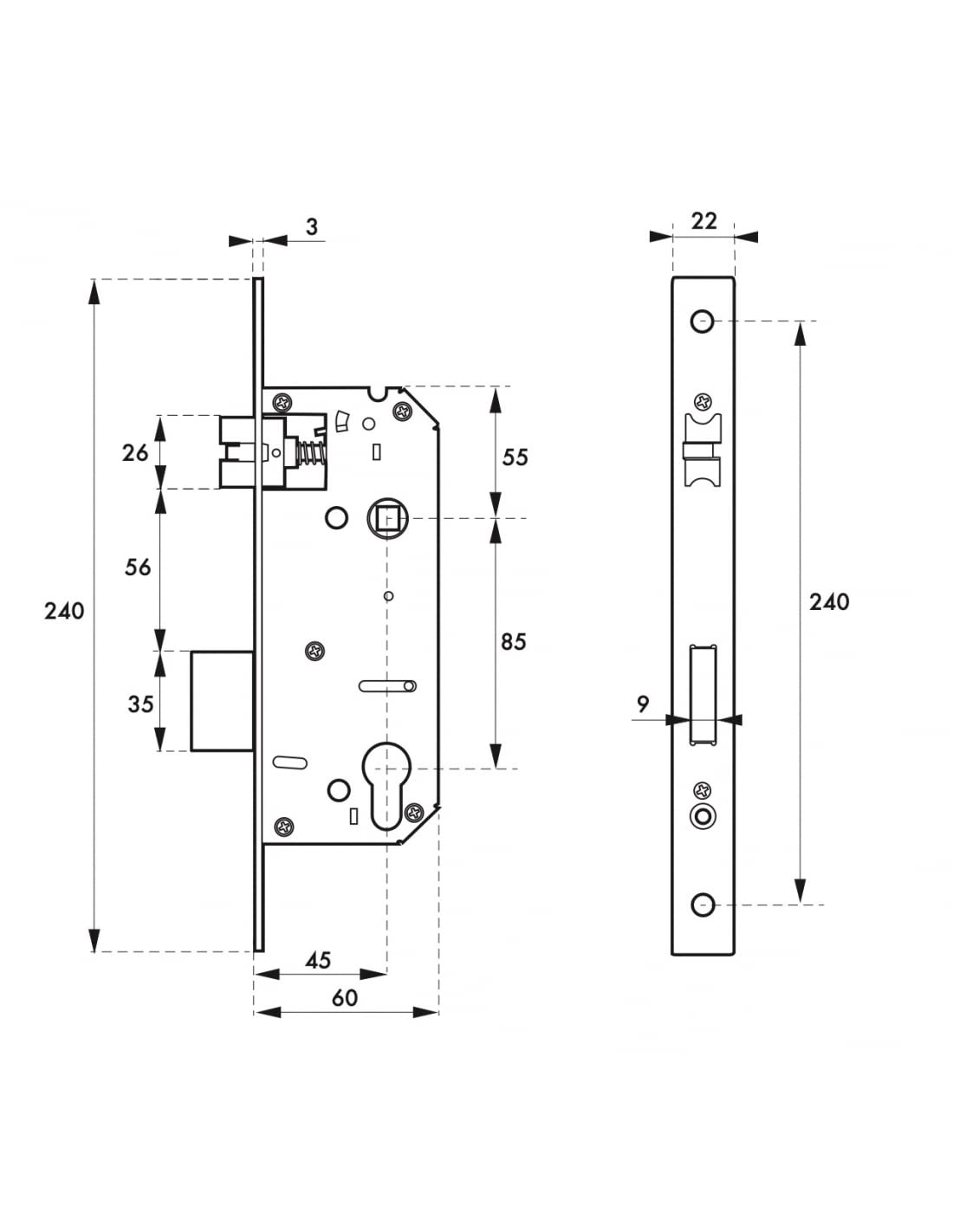 INTELOCK - Serrure Encastrable avec Trou Cylindre pour Porte d'Entrée - Inox - Axe 45 mm - Entr'Axes 85 mm - Carré 8 mm - Réversible - Bouts Carrés - Gris